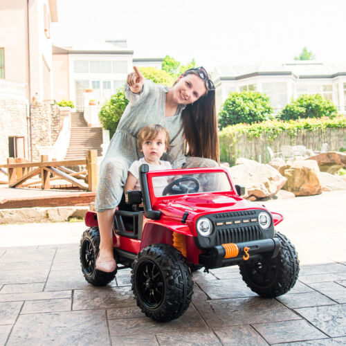 Red Parent-Child Ride On Truck Car with Remote Control, Music, and LED Lights - 12V 10AH