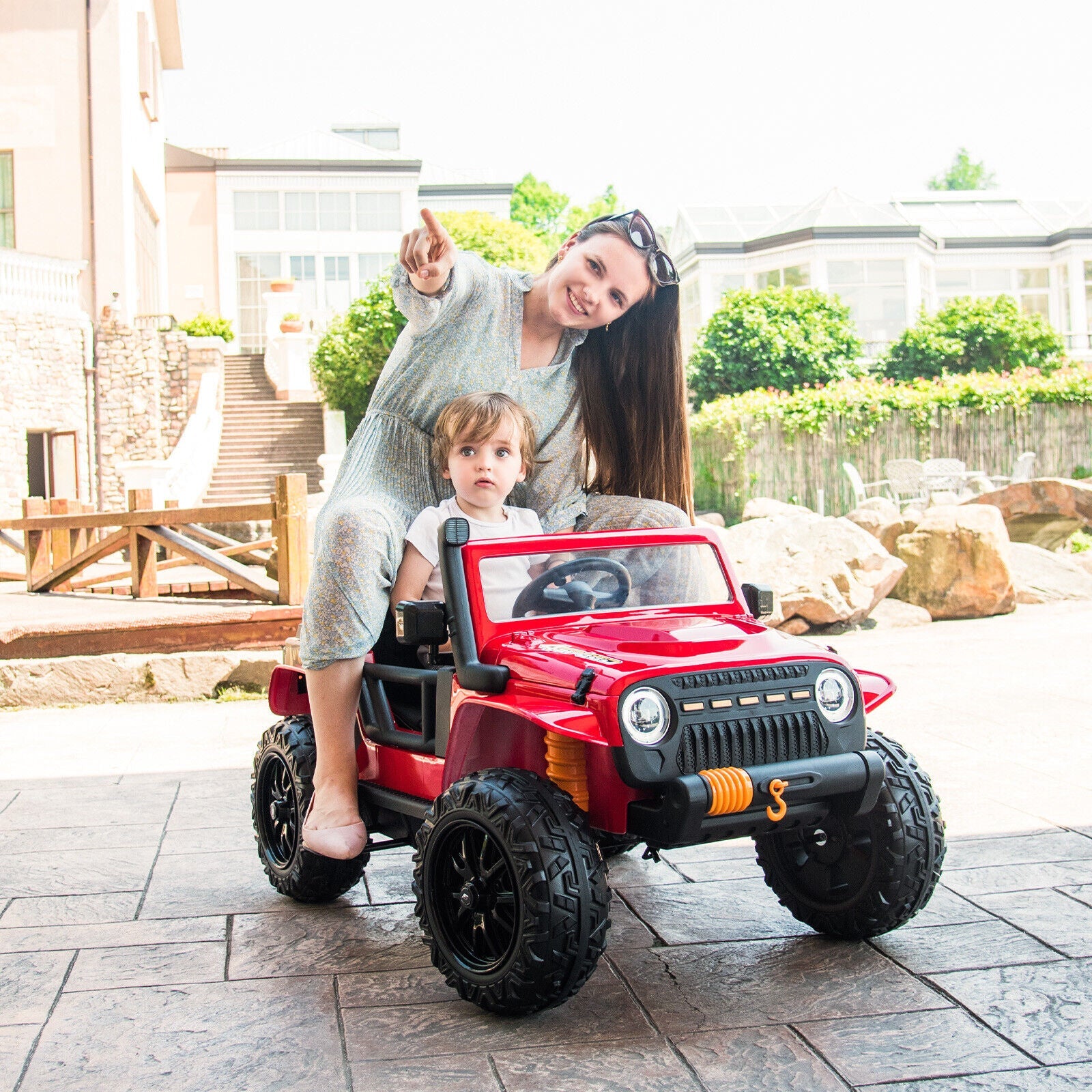 Red Parent-Child Ride On Truck with Remote Control, LED Lights, and Music - 12V 10AH