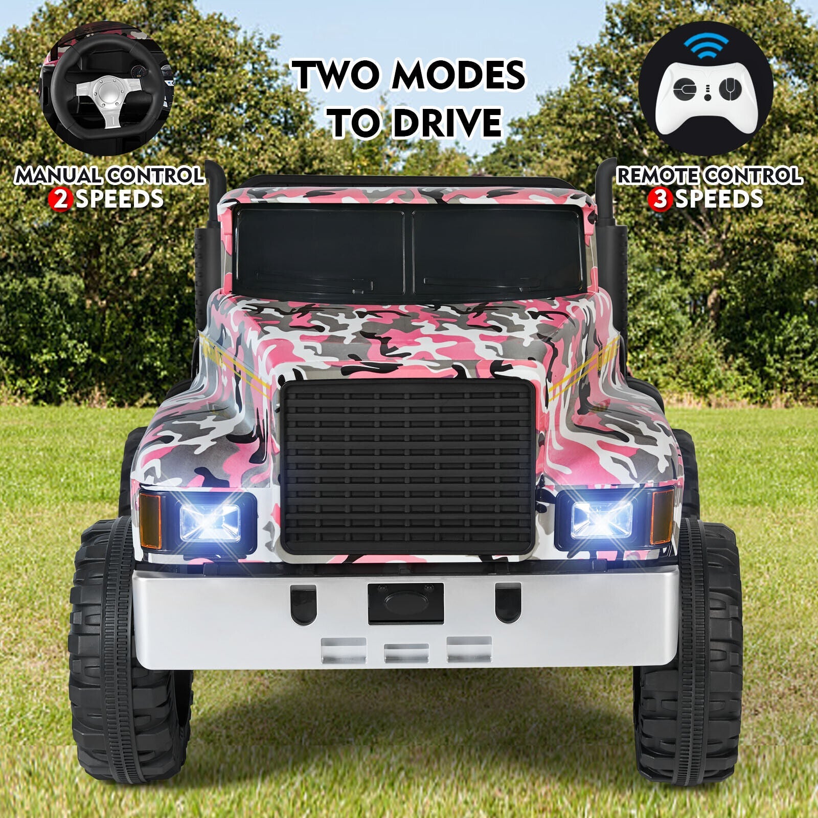 Camo Pink Ride-On Tractor with Trailer, Dump Bed, RC Control, and Bluetooth - 3 Speed Options