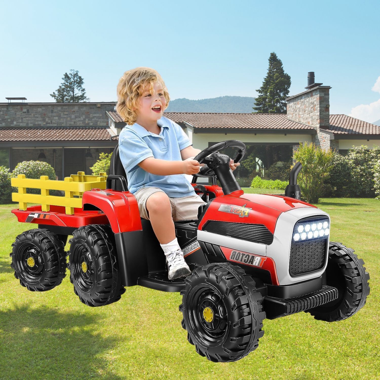 Electric Ride-On Tractor with Trailer for Kids - Remote Controlled Toy Car