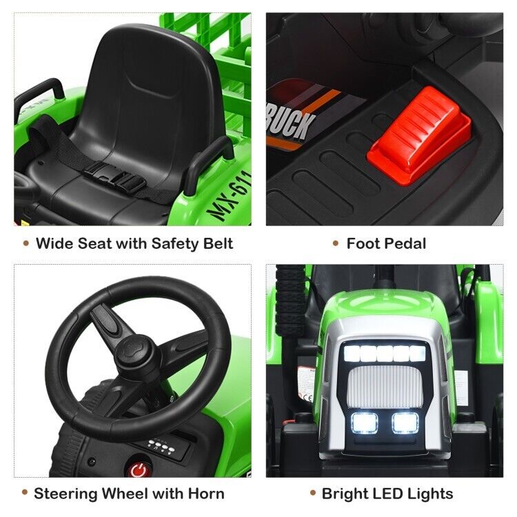 Remote Control Ride-On Tractor with Trailer and Lights for Kids - 12V Ground Loader