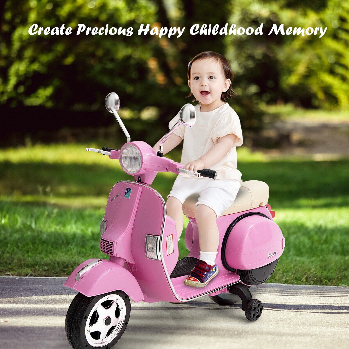 Ride in Style: Pink 6V Kids Vespa Scooter with Training Wheel and Headlight