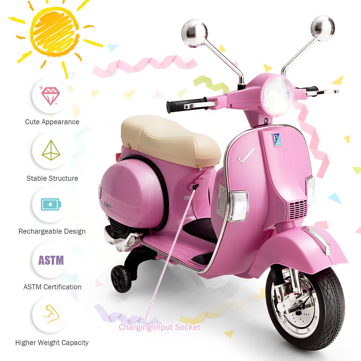 Ride in Style: Pink 6V Kids Vespa Scooter with Training Wheel and Headlight