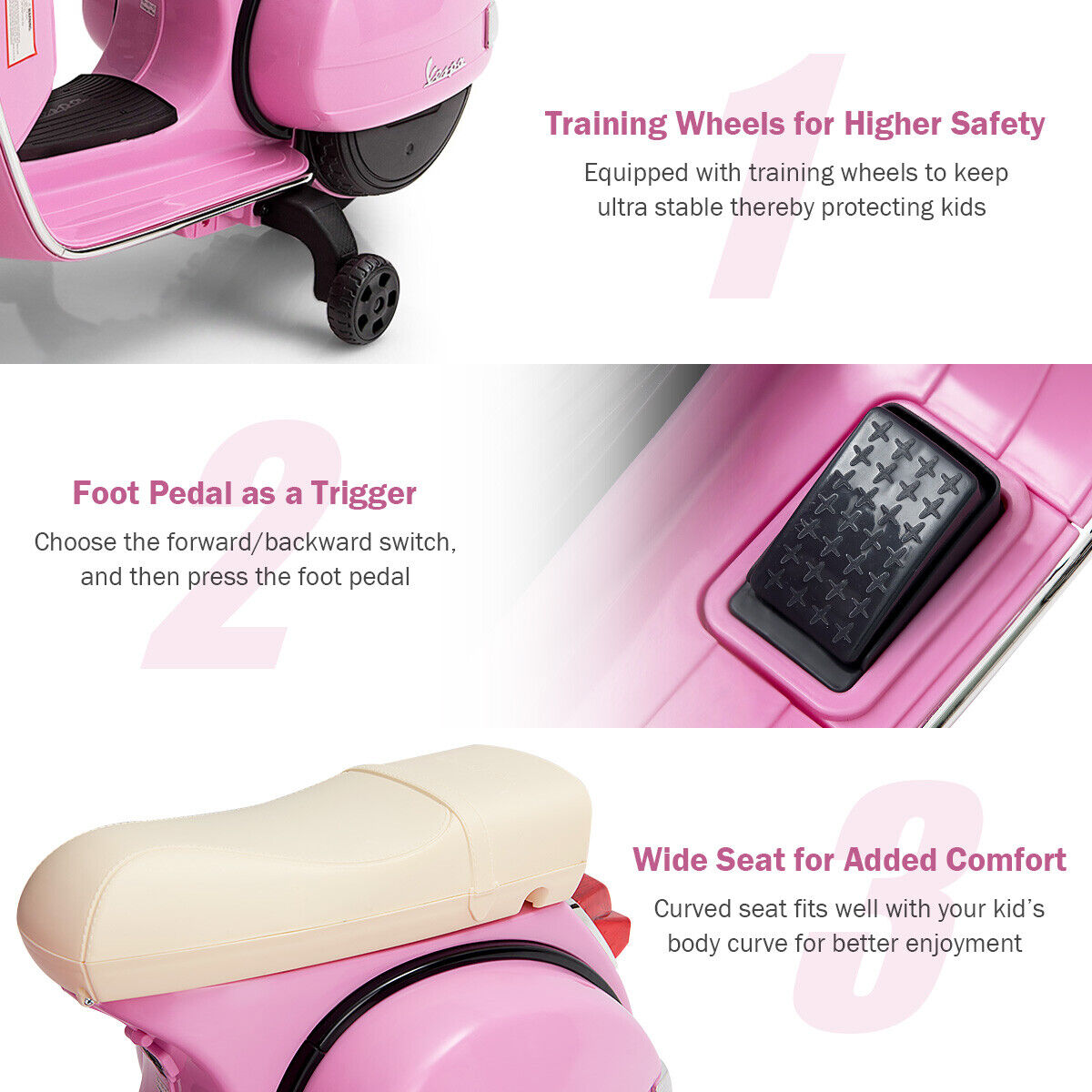 Ride in Style: Pink 6V Kids Vespa Scooter with Training Wheel and Headlight