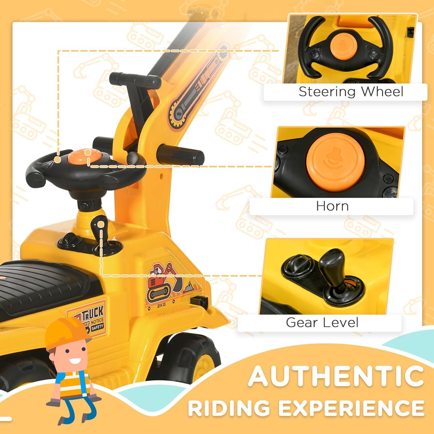 Kids Ride-On Excavator Truck with Pull Cart, Horn, and Under-Seat Storage