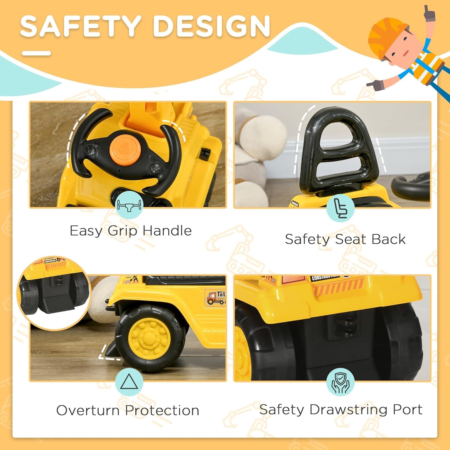 Kids Ride-On Excavator Truck with Pull Cart, Horn, and Under-Seat Storage