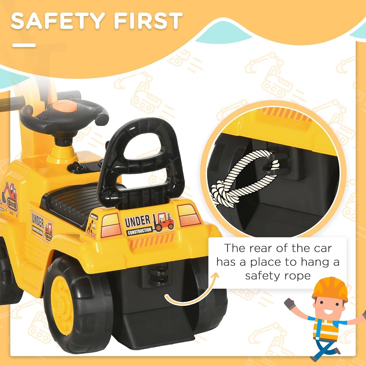 Kids Ride-On Excavator Truck with Pull Cart, Horn, and Under-Seat Storage