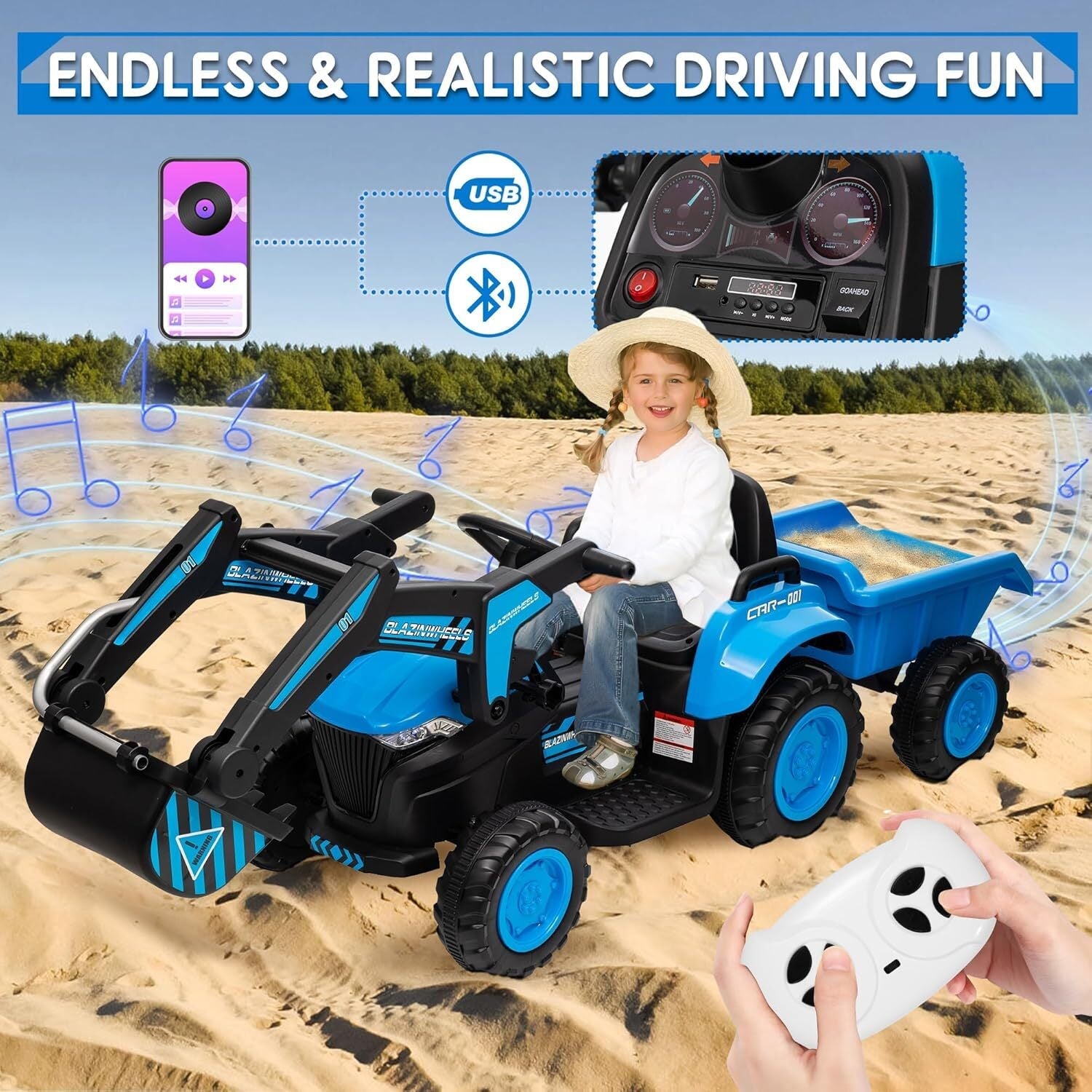 12V Electric Ride-On Excavator with Detachable Trailer and Remote Control