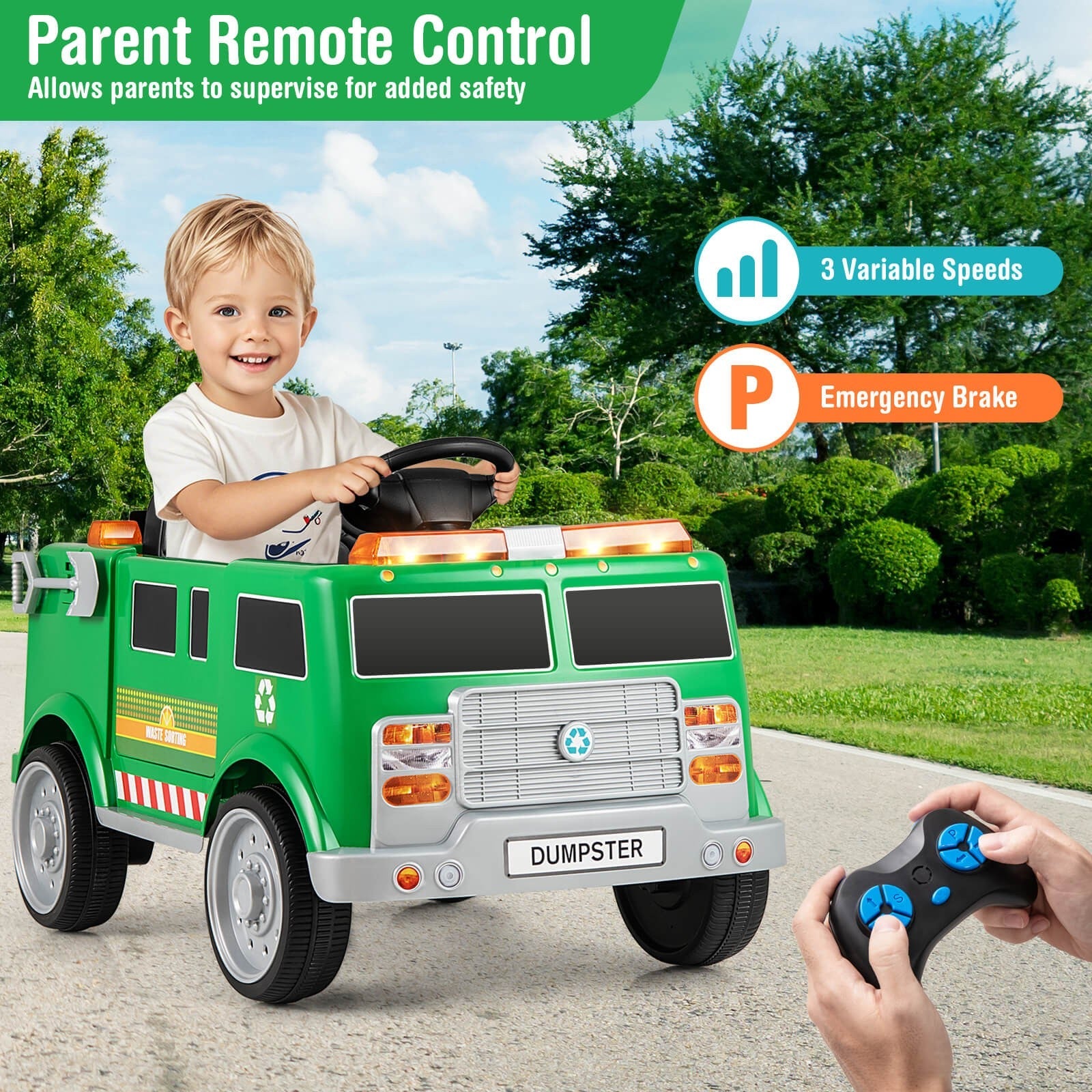 Remote Control Ride-On Garbage Truck with Trash Bin, Shovel, Lights, and Sound Effects