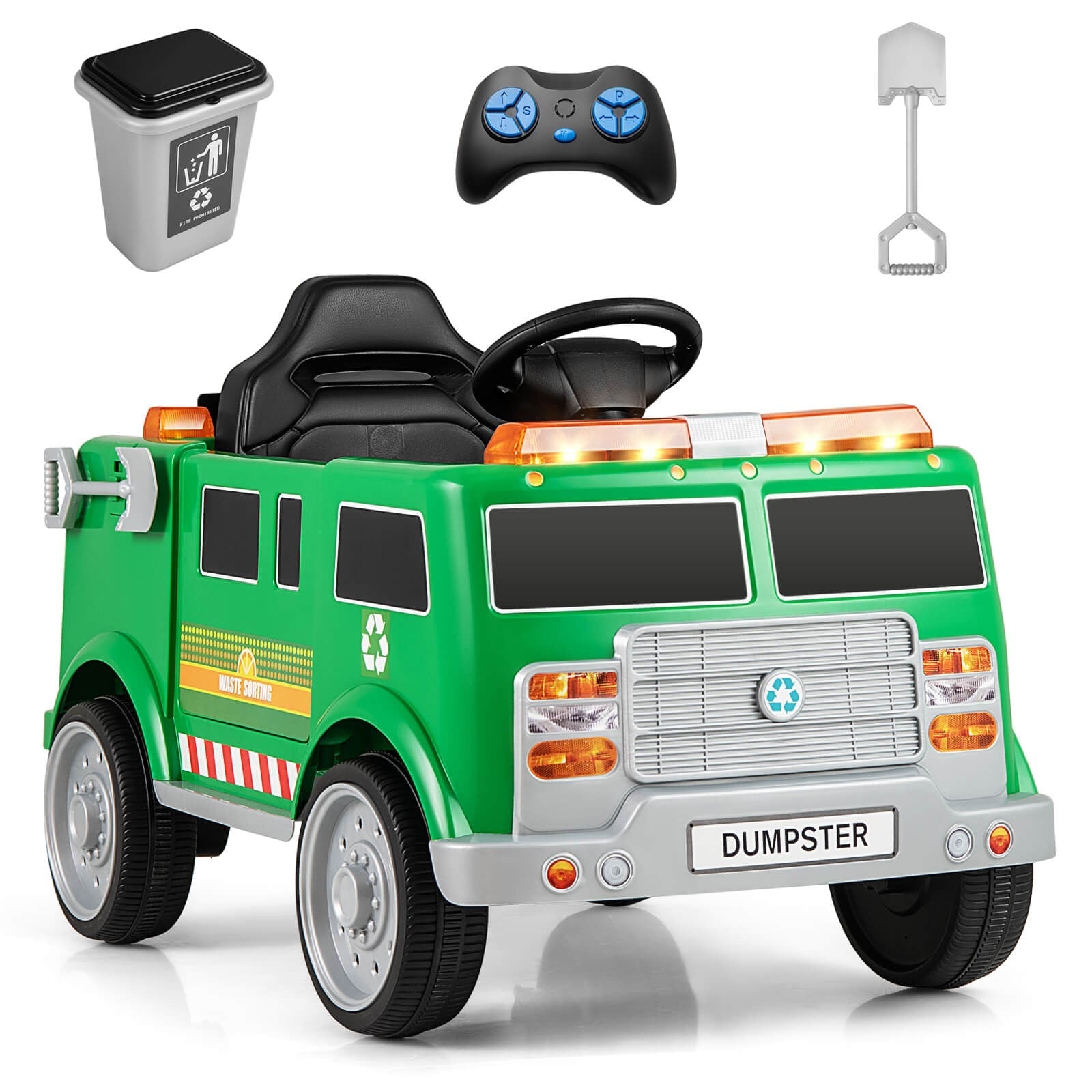 Remote Control Ride-On Garbage Truck with Trash Bin, Shovel, Lights, and Sound Effects