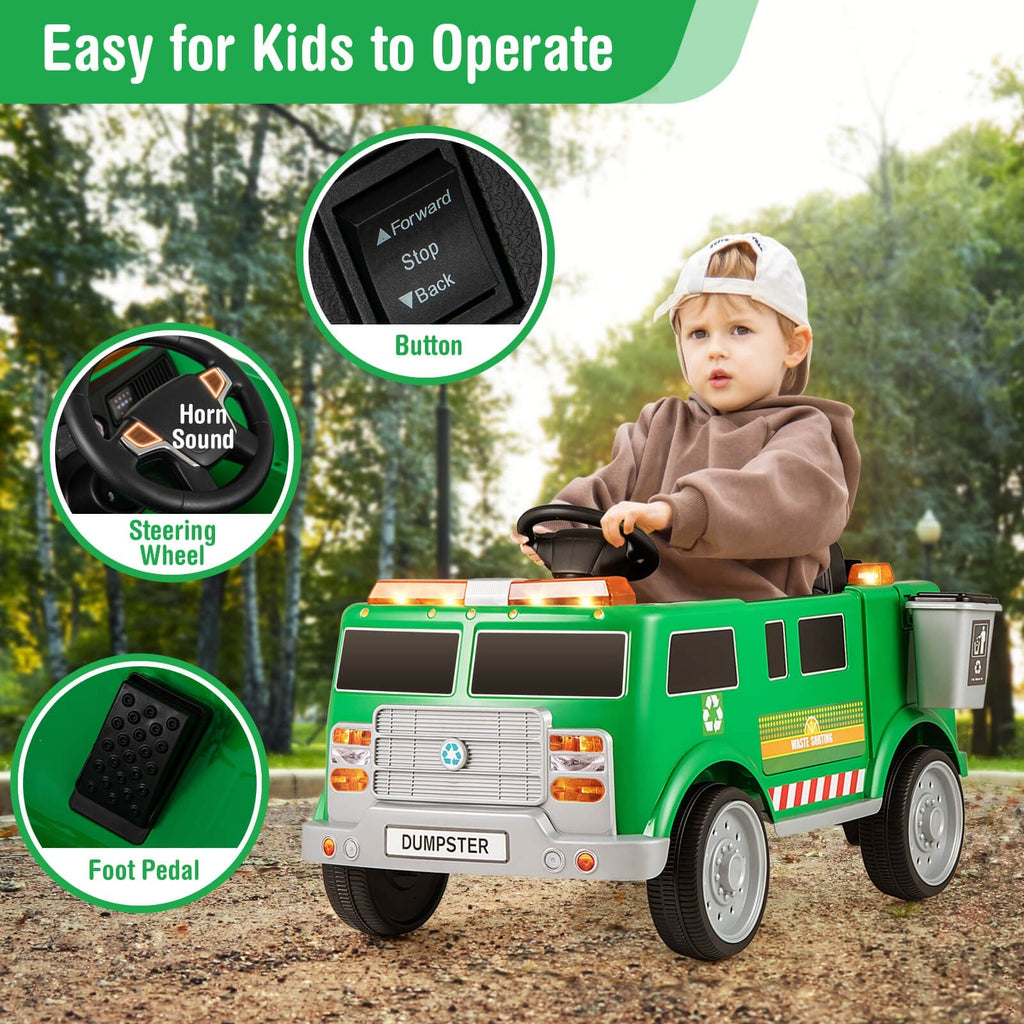 Remote Control Ride-On Garbage Truck with Trash Bin, Shovel, Lights, and Sound Effects