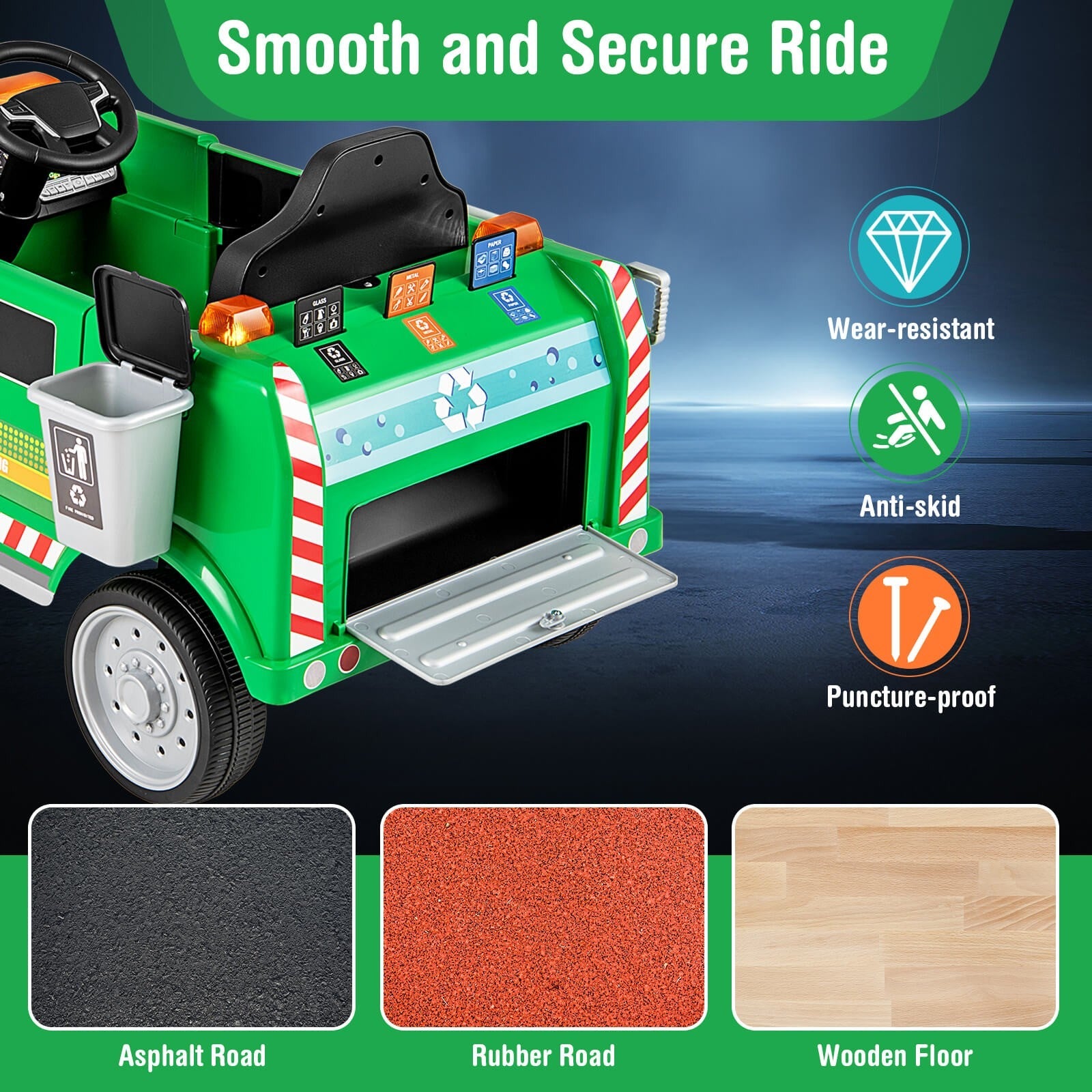 Remote Control Ride-On Garbage Truck with Trash Bin, Shovel, Lights, and Sound Effects