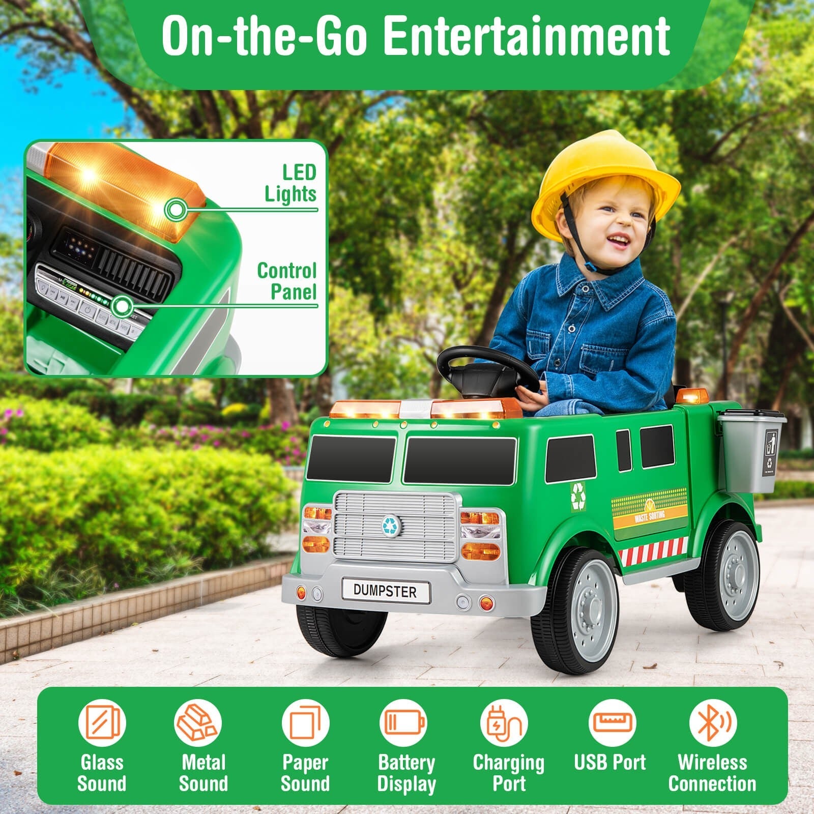 Remote Control Ride-On Garbage Truck with Trash Bin, Shovel, Lights, and Sound Effects