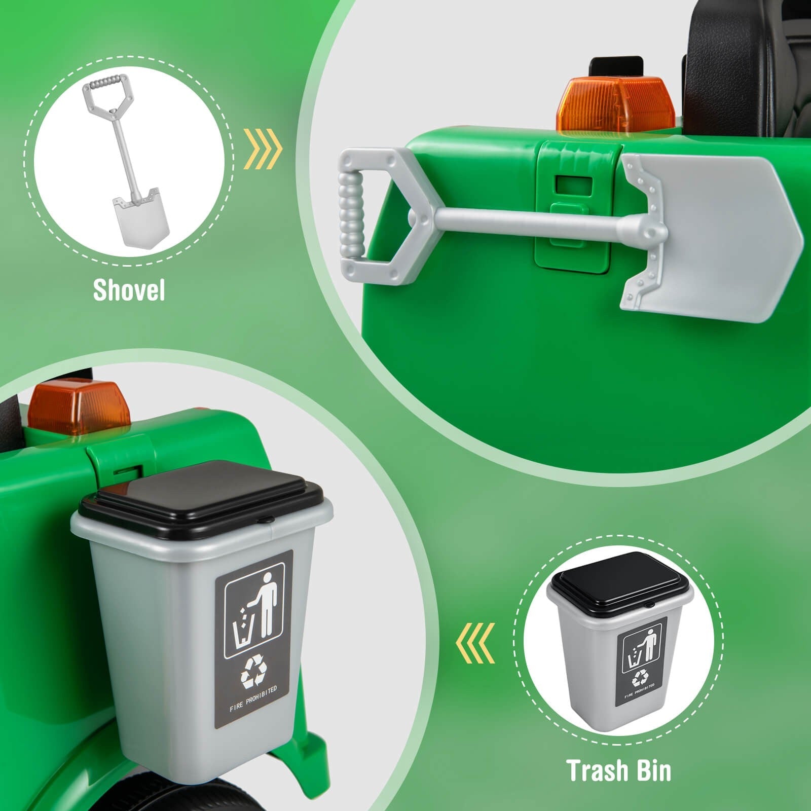 Remote Control Ride-On Garbage Truck with Trash Bin, Shovel, Lights, and Sound Effects