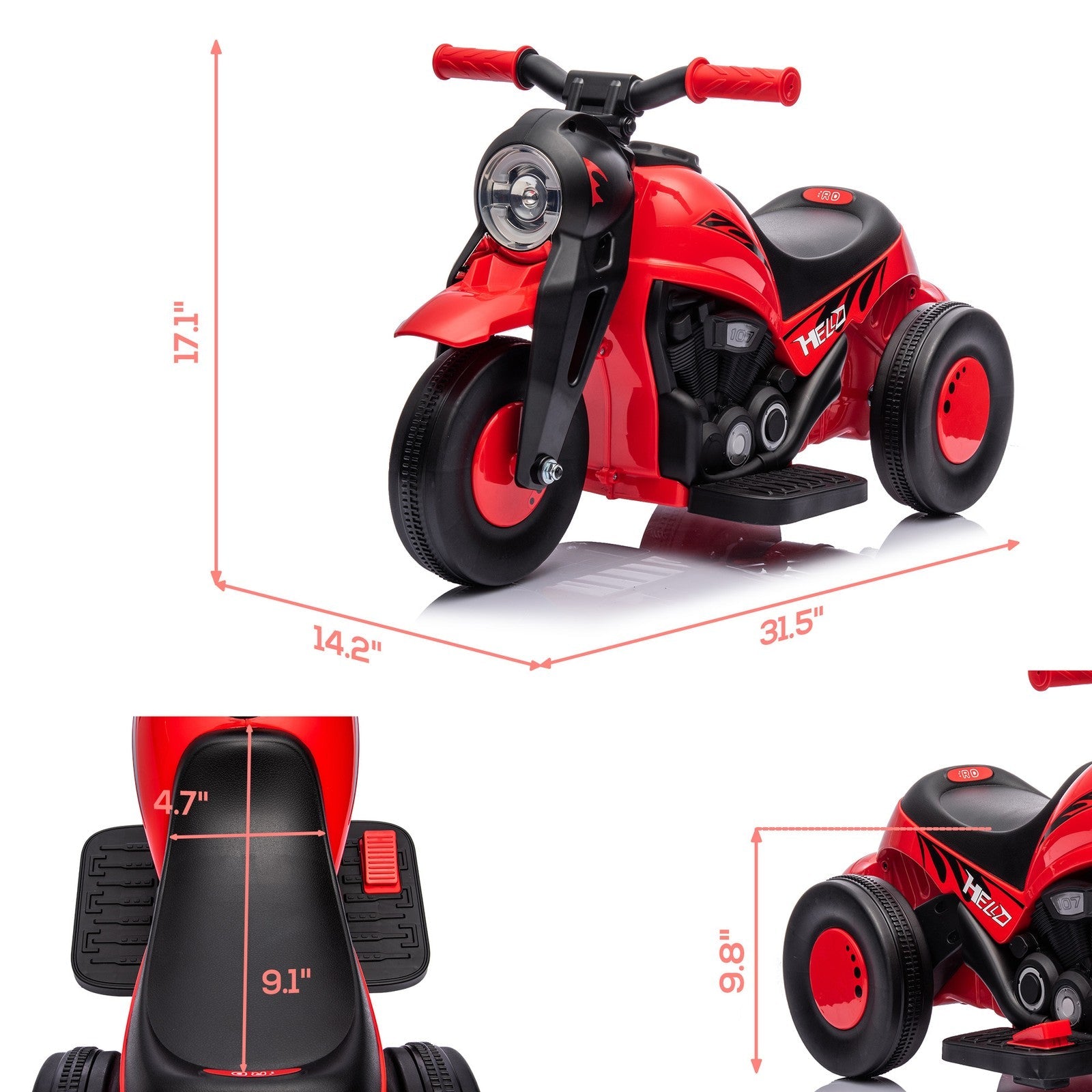 6V Red Ride-On Motorcycle and Bubble Car with Music