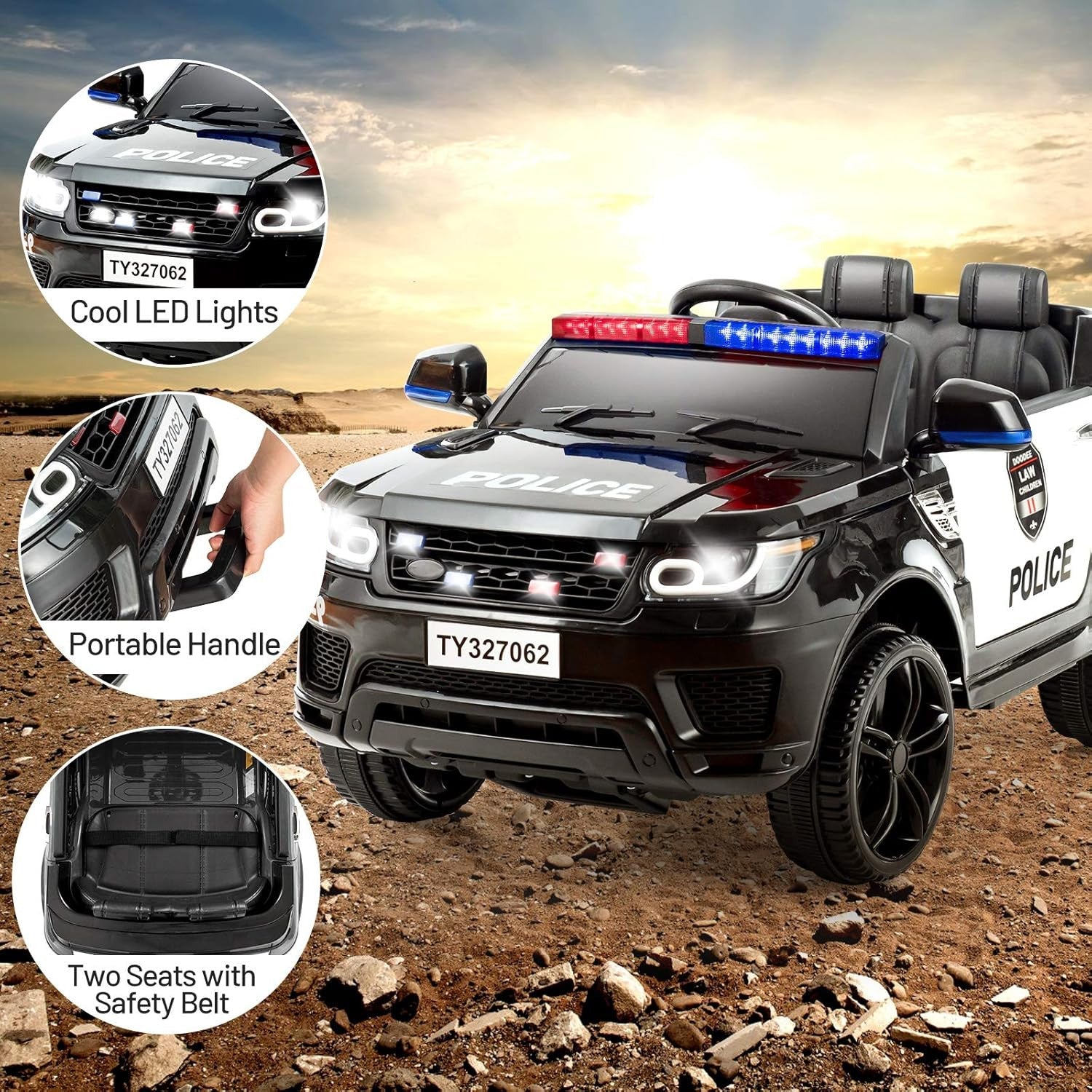 12V Electric Ride-On Police Car for Kids with Siren, Flashing Lights, and Horn