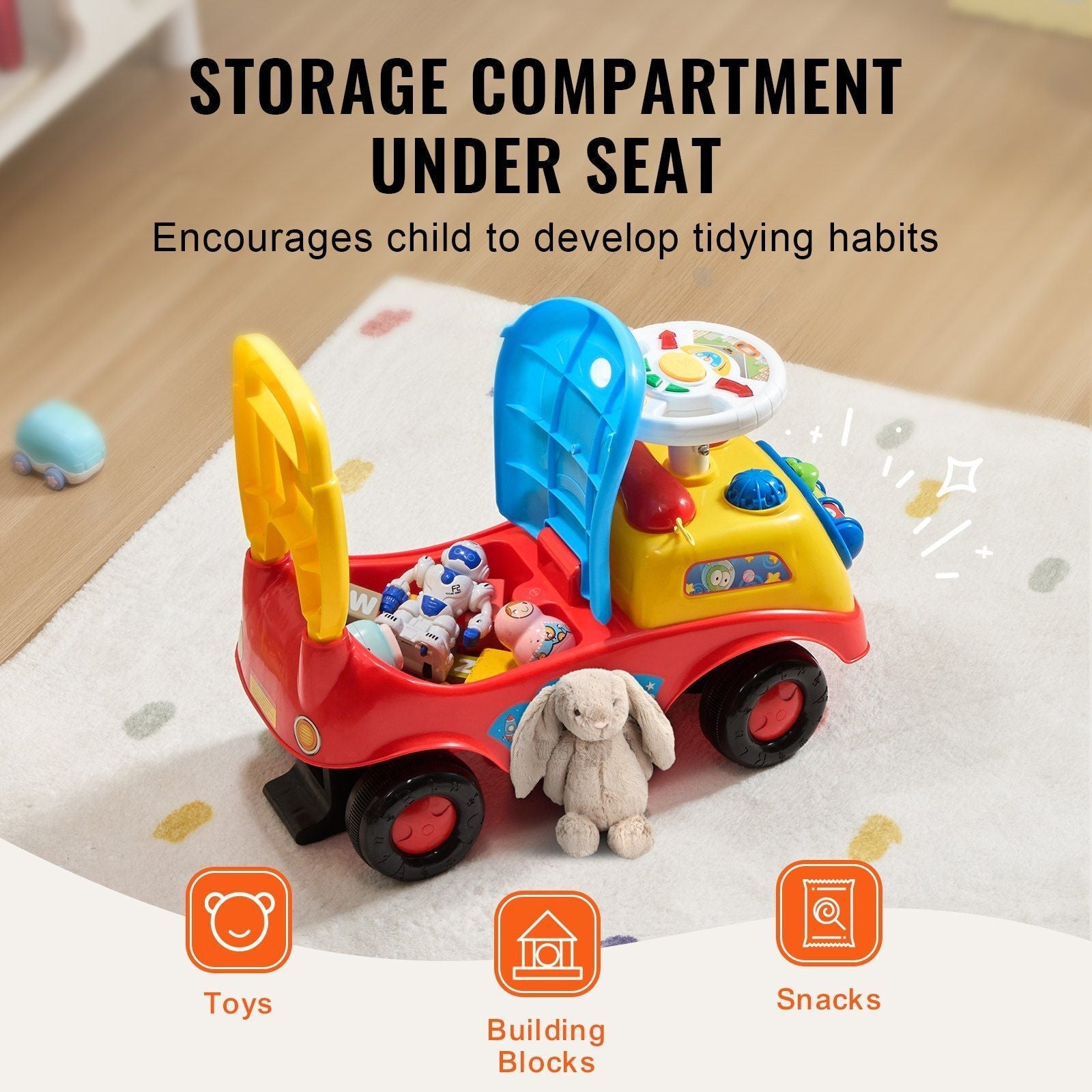Toddler Ride-On Push Car with Music and Steering Wheel for Ages 1-3
