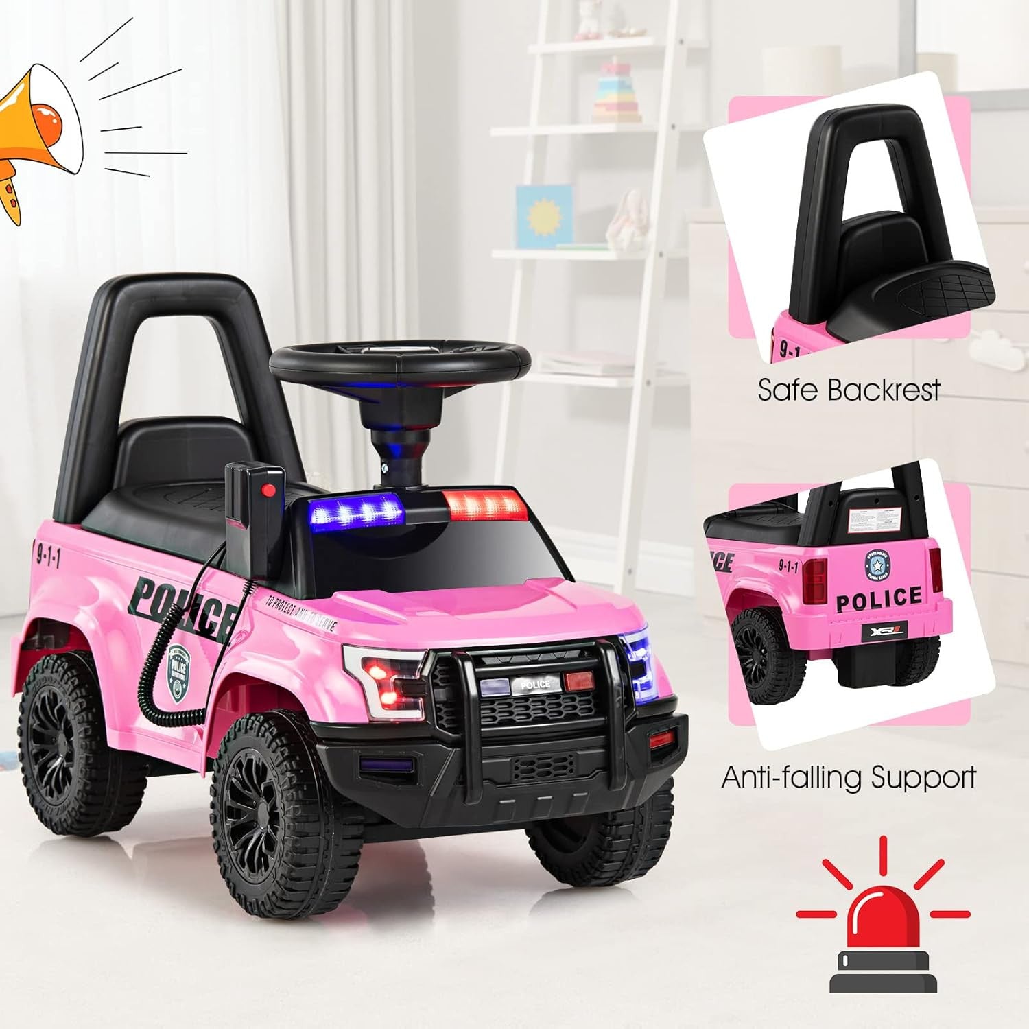 Toddler Ride-On Push Police Car Foot-to-Floor Sliding Toy with Siren