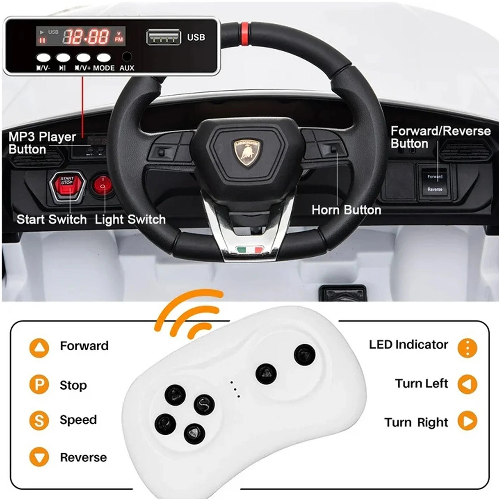 12V Kids' Electric Ride-On Vehicle with Parent Remote Control, Horn, and Radio