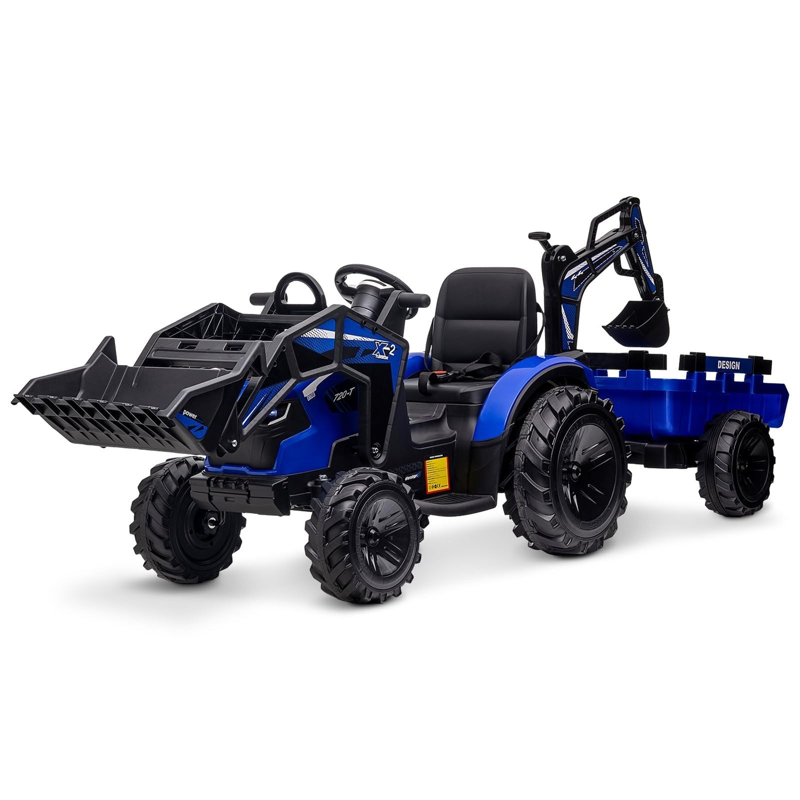 24V Electric Ride-On Tractor for Kids with Trailer, Excavator and Bulldozer Attachments
