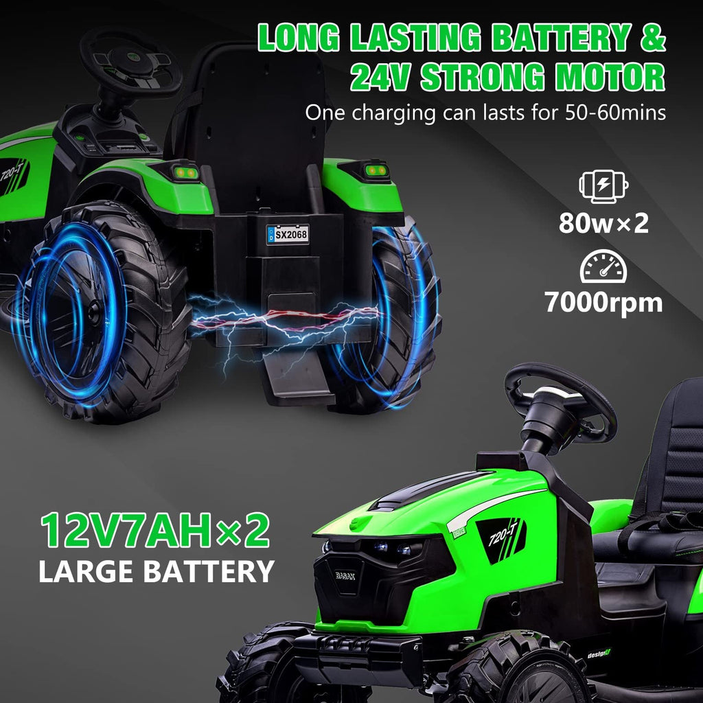 24V Electric Ride-On Tractor for Kids with Trailer, Excavator, and Bulldozer Attachments