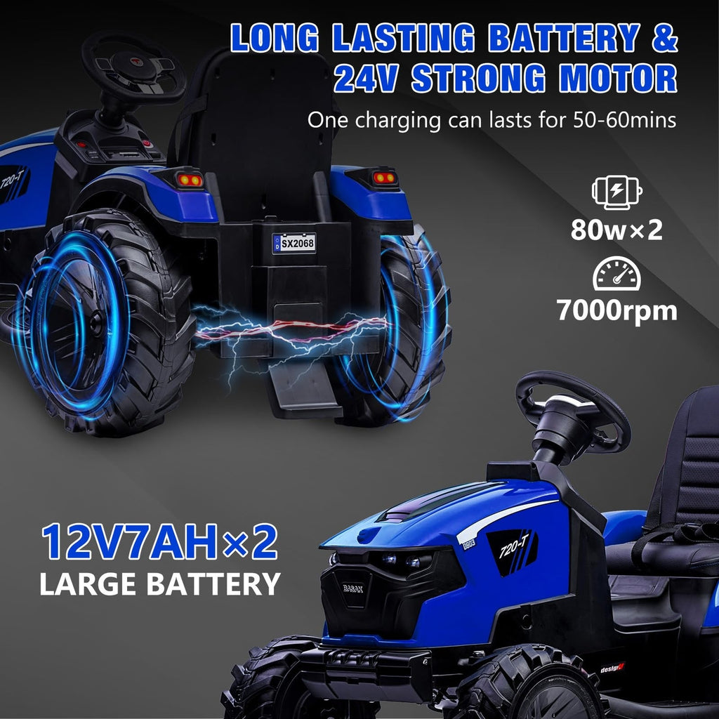 24V Electric Ride-On Tractor for Kids with Trailer, Excavator, and Bulldozer Attachments