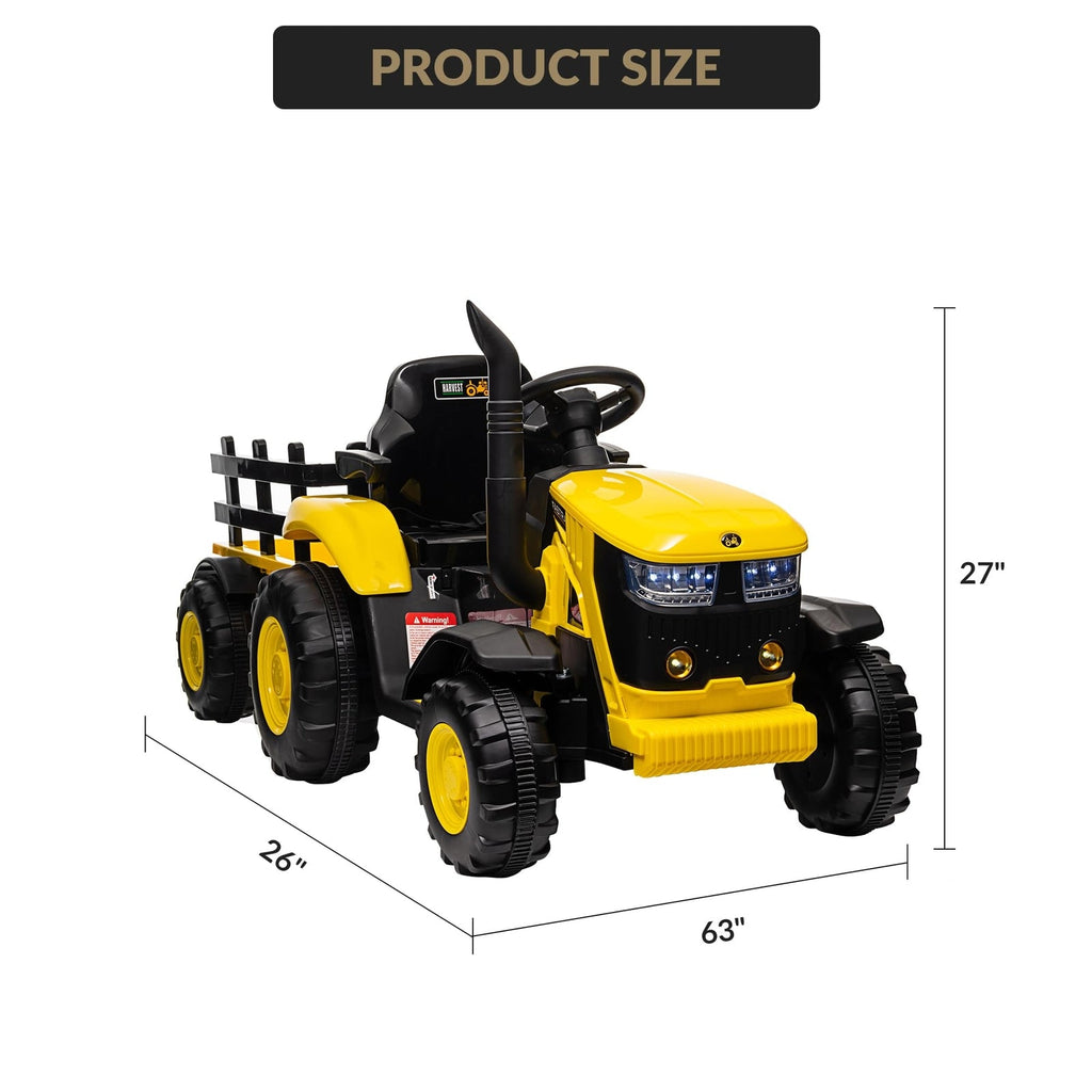 12V Electric Ride-On Tractor with Trailer for Kids, Battery Powered Vehicle