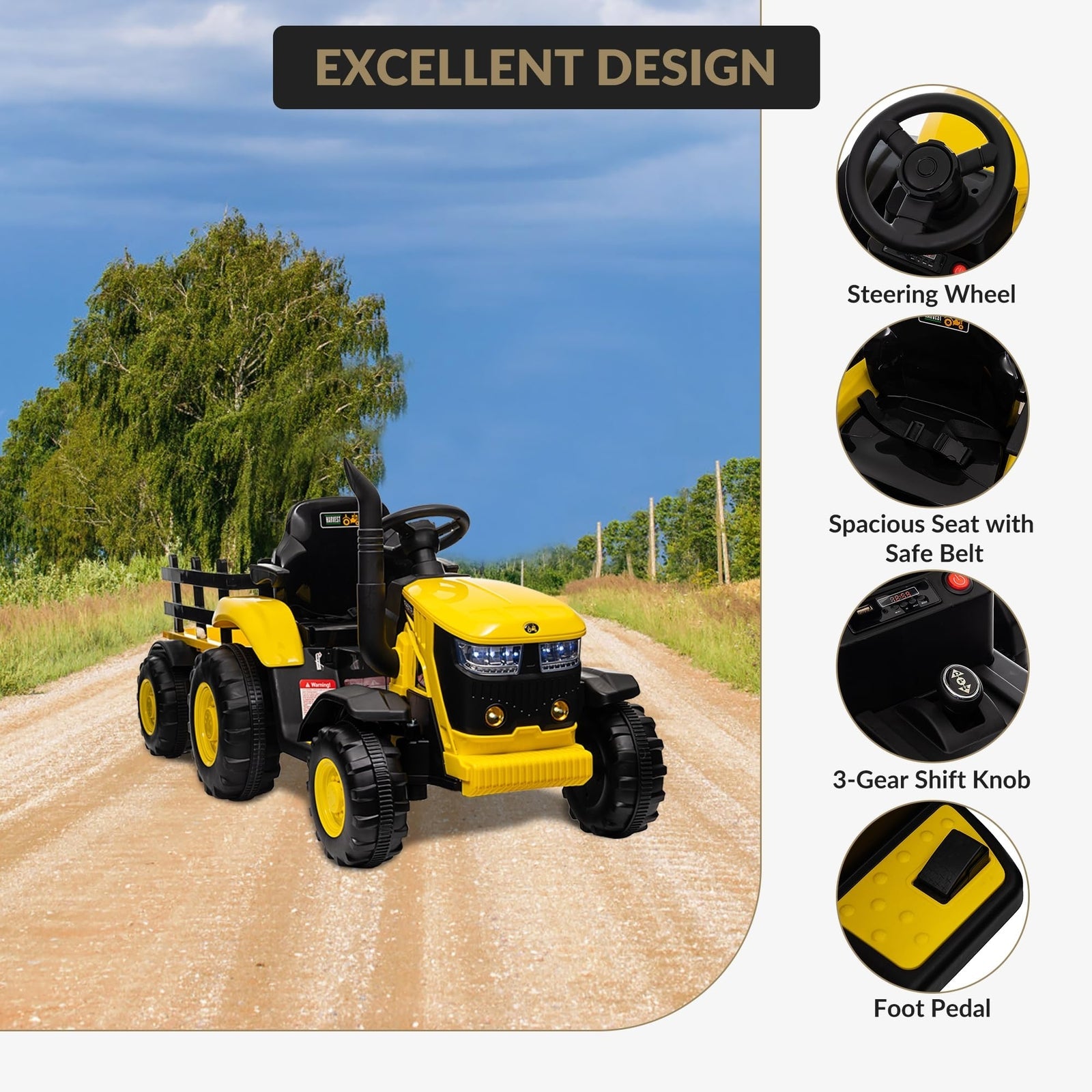 12V Electric Ride-On Tractor with Trailer for Kids, Battery Powered Vehicle