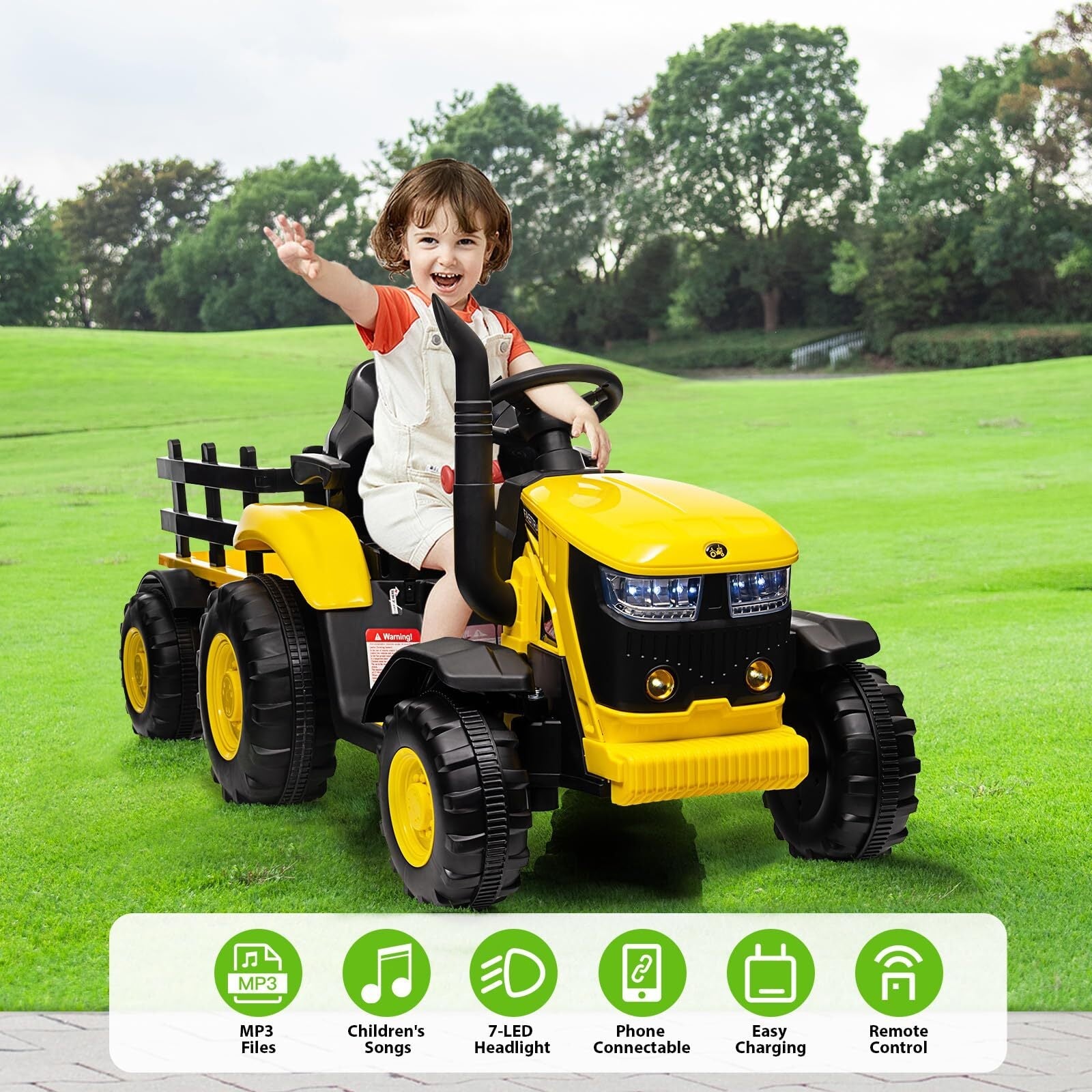 12V Electric Ride-On Tractor with Trailer for Kids, Battery Powered Vehicle