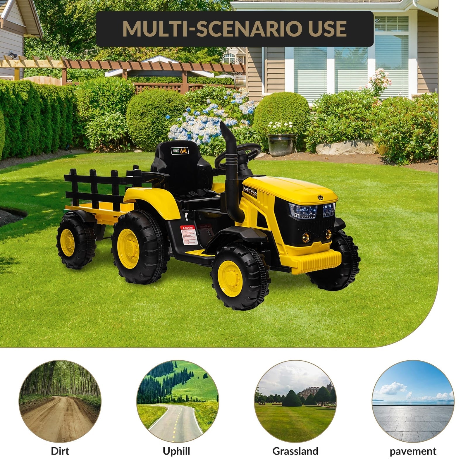 12V Electric Ride-On Tractor with Trailer for Kids, Battery Powered Vehicle