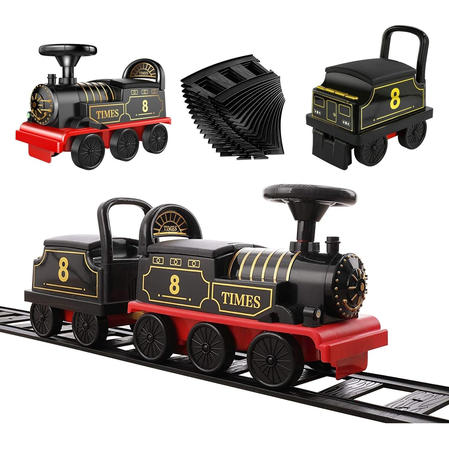Electric Ride-On Train Set with Track, 2-Seater, Cargo Car, and Music Features