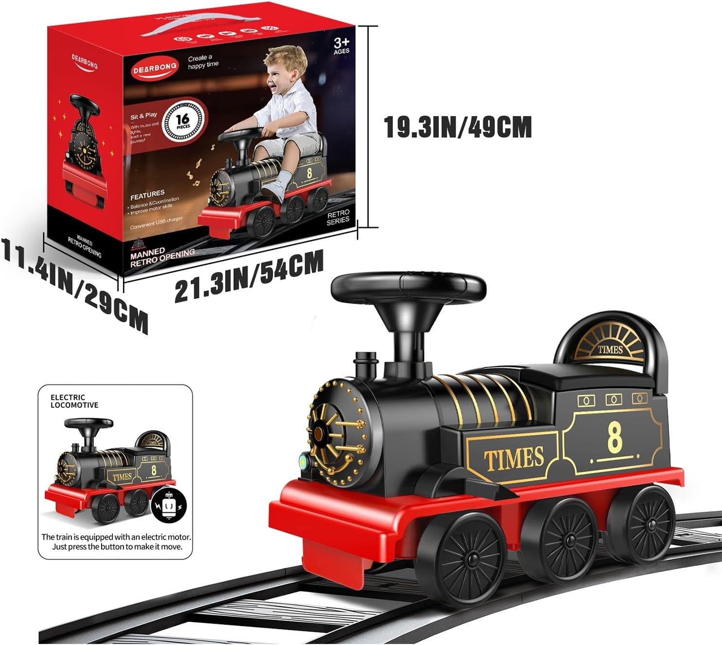 Electric Ride-On Train Set with Track, 2-Seater, Cargo Car, Music, and Lights