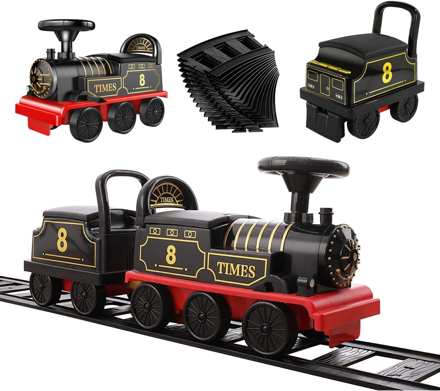 Electric Ride-On Train Set with Track, 2-Seater, Cargo Car, Music, and Lights