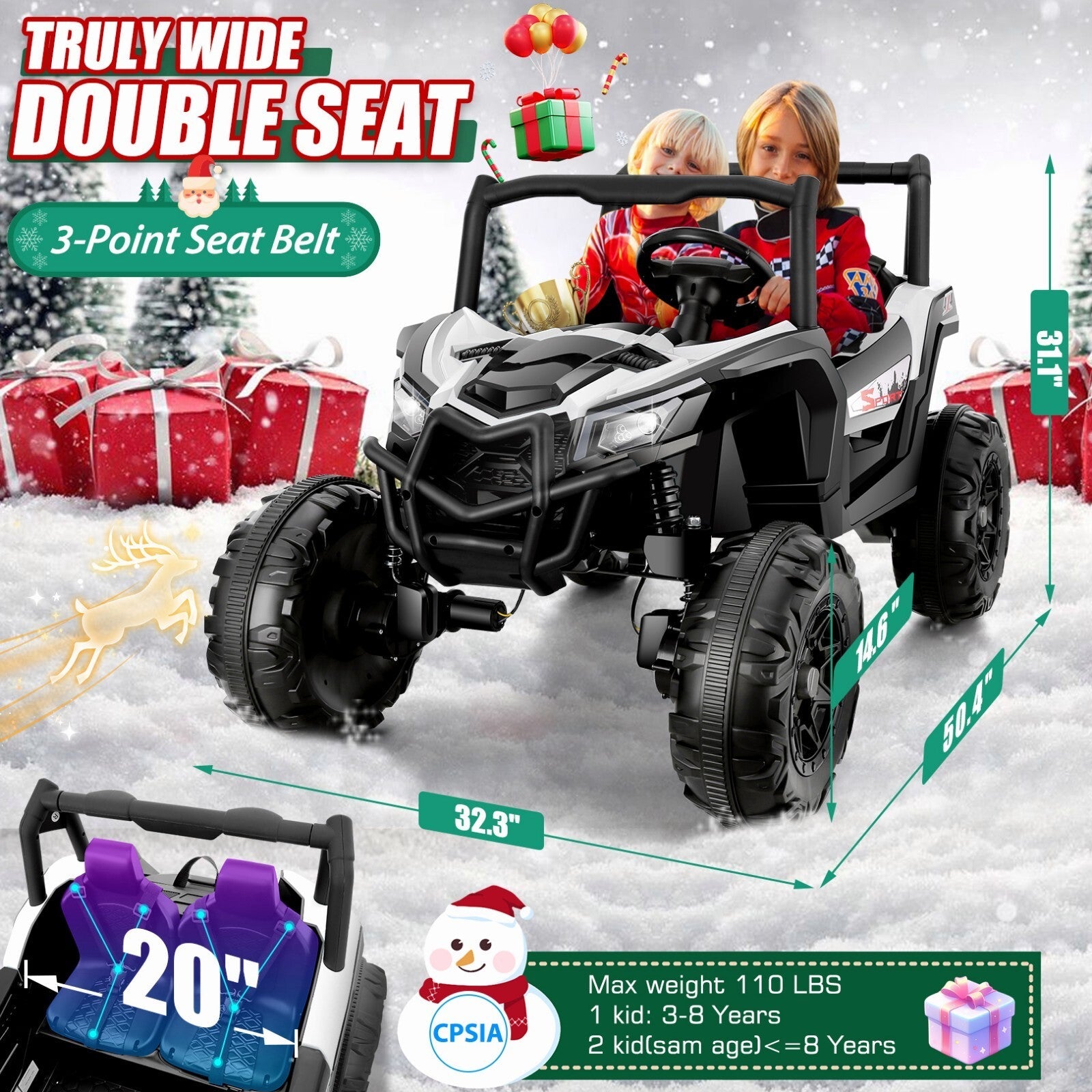24V 4WD Off-Road Electric Ride-On UTV Car for Kids, 2-Seater with Remote Control and 4x200W Motors