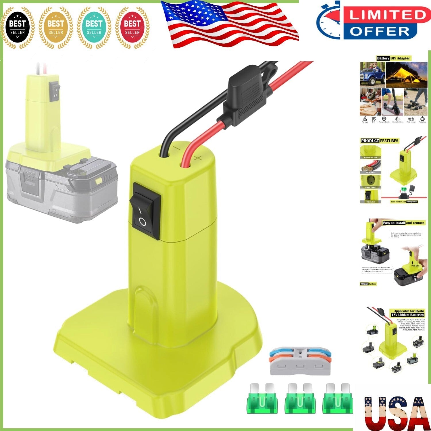 18V Power Wheels Battery Adapter Kit with 30A 12AWG Wire and Switch