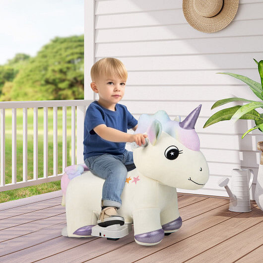 Beige Electric Animal Ride On Toy with Music and Handlebars - 6V Power