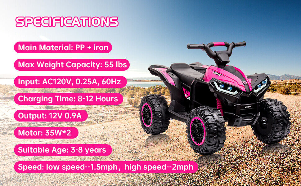 Electric 4-Wheels Car Truck ATV for Kids Ages 3+: 12V Battery Powered Ride On Toy