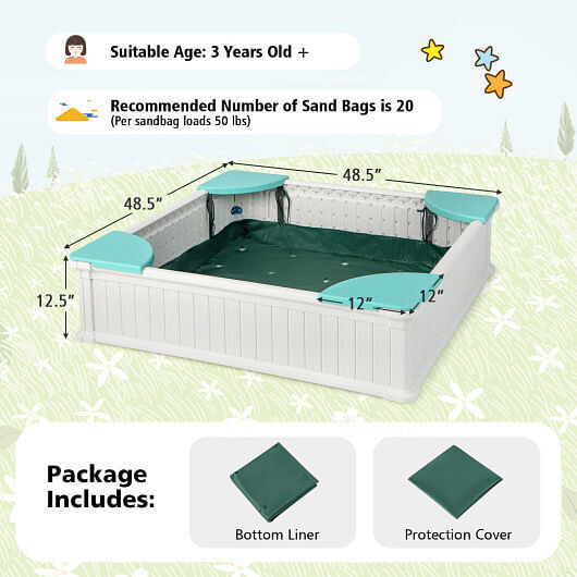 White Outdoor Sandbox with Oxford Cover and 4 Corner Seats for Kids