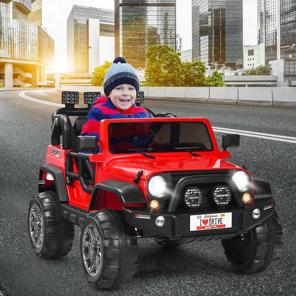 RC Electric Ride-On Toy Truck for Kids with 2 Seats and Storage Compartment - Red 12.6"