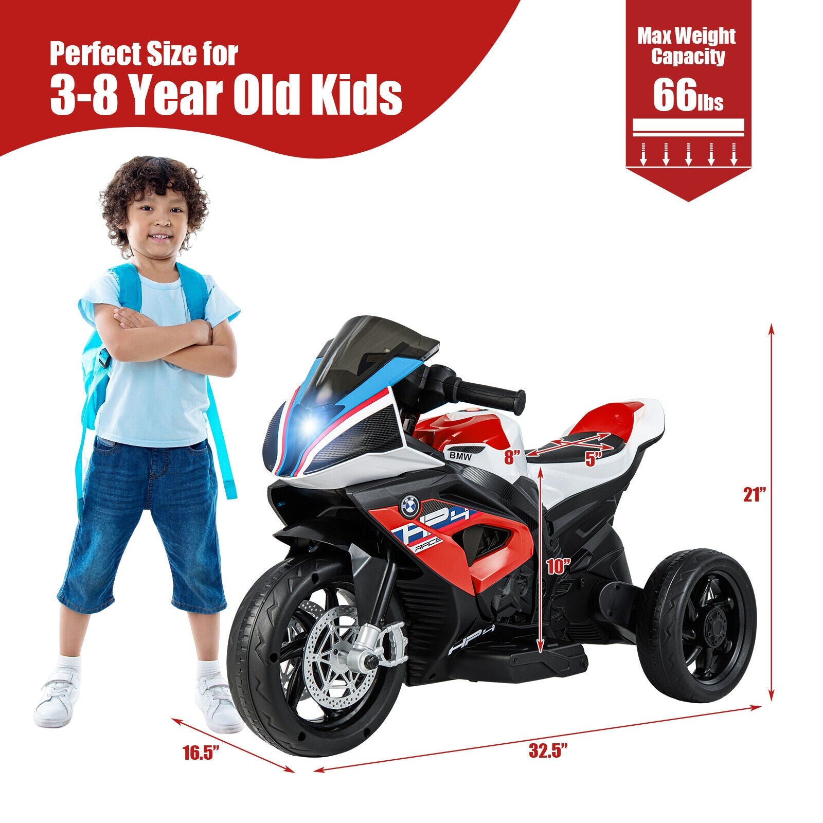 Electric Ride-On Motorcycle for Kids with LED Headlights and Non-Slip Wheels - Red