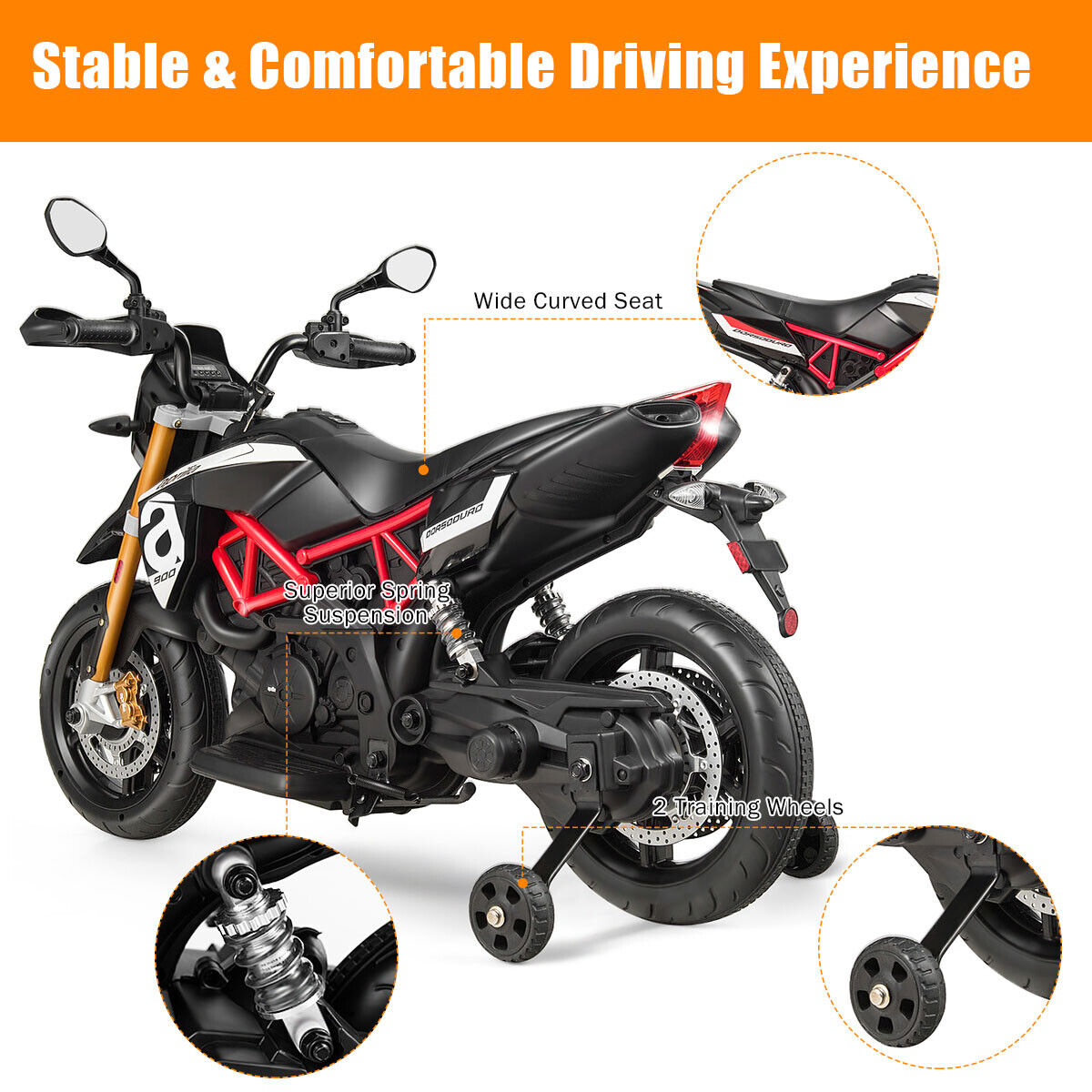 12V Kids Ride-On Aprilia Motorcycle with Training Wheels - Black