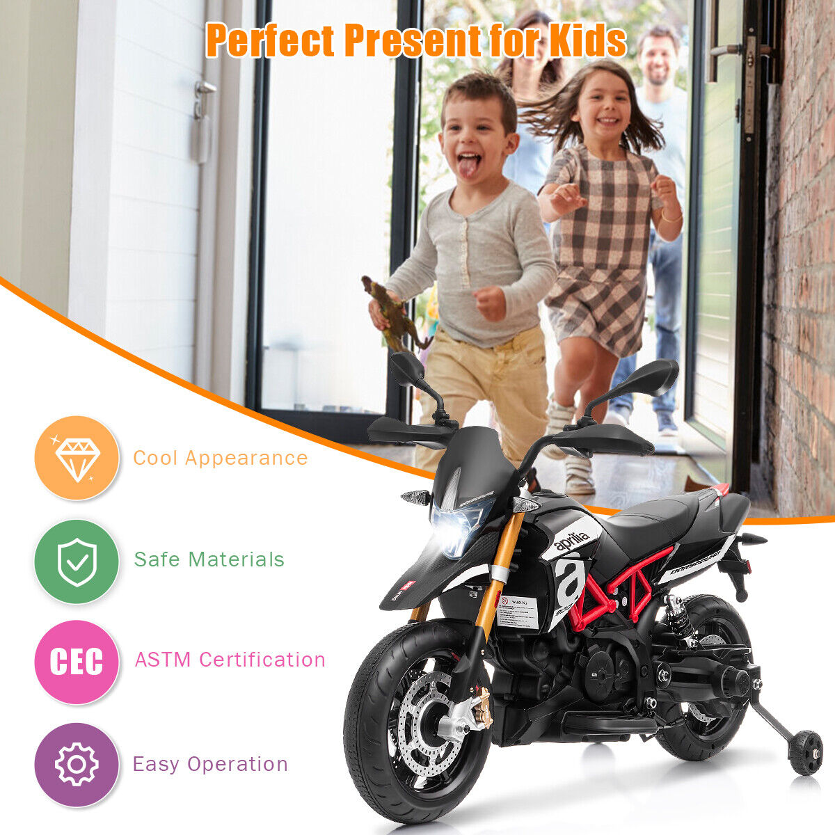 12V Kids Ride-On Aprilia Motorcycle with Training Wheels - Black