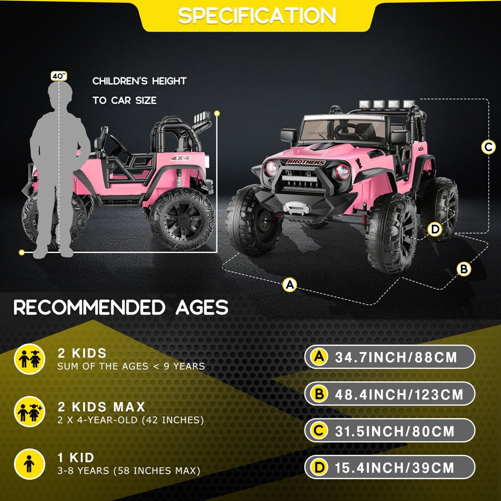 Electric 2-Seater Kids Jeep with 400W Motor, LED Lights, and 24V Battery