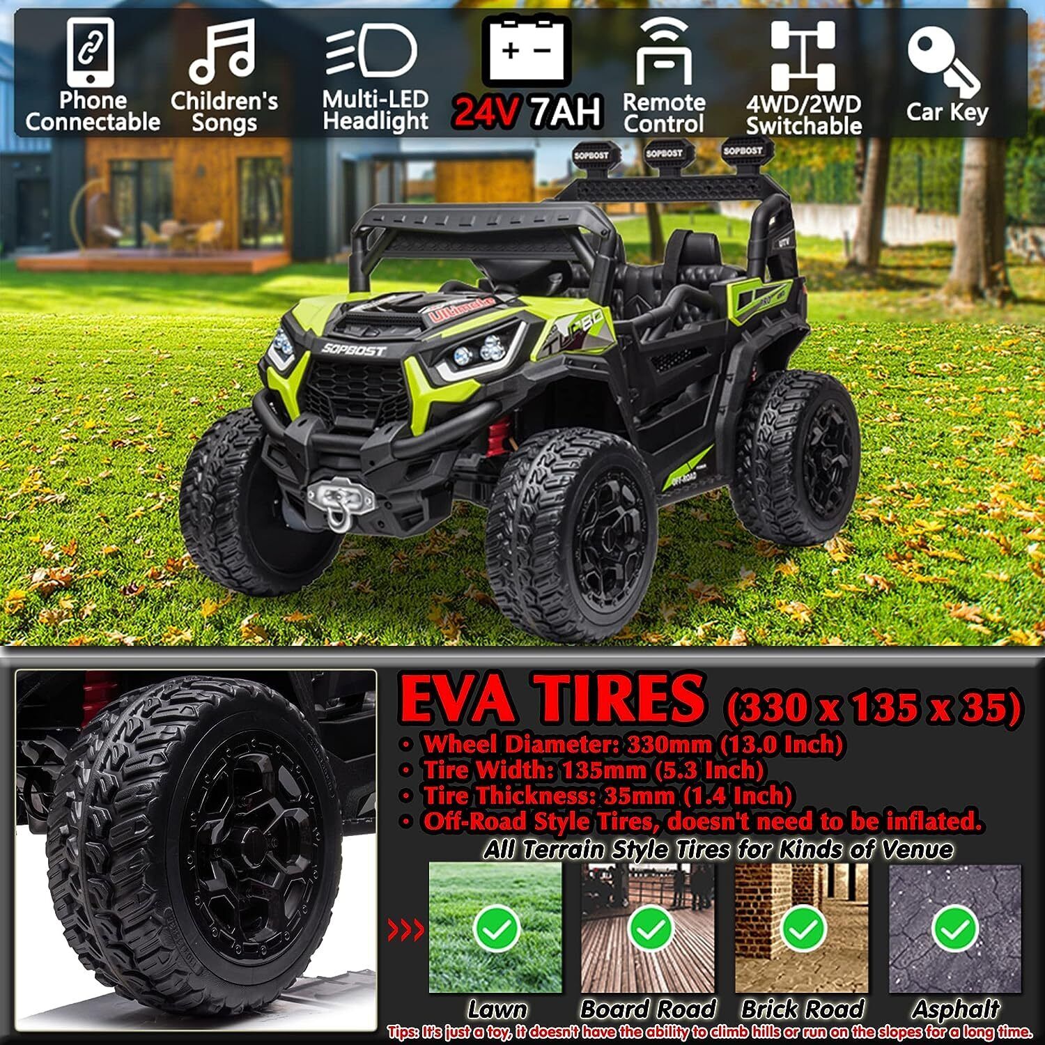 24V 4x4 Ride-On Toy with Remote Control - Electric Kids Car Truck 4 Wheeler Quad