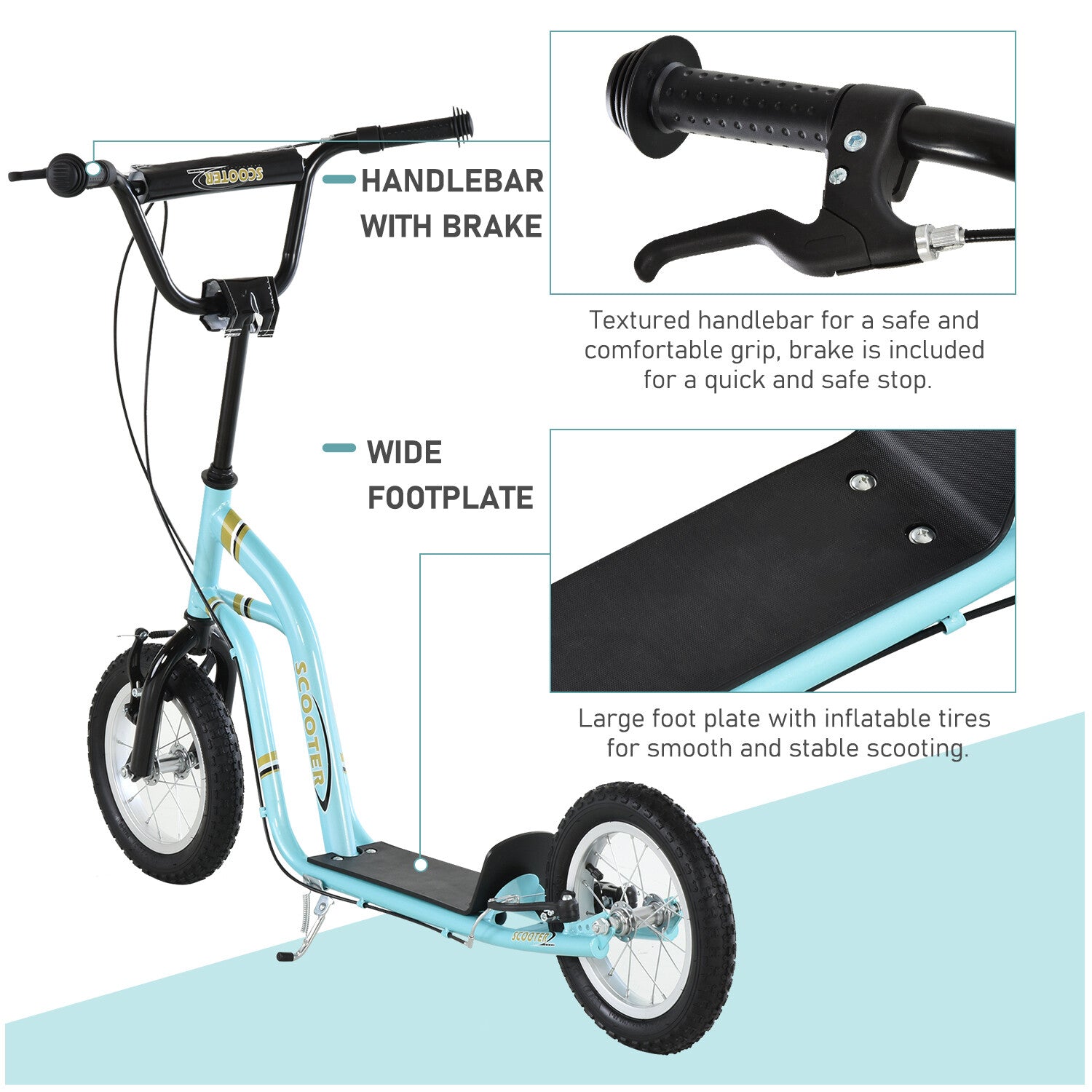 Youth Scooter with 12-Inch Inflatable Front Wheel and Dual Front & Rear Caliper Brakes