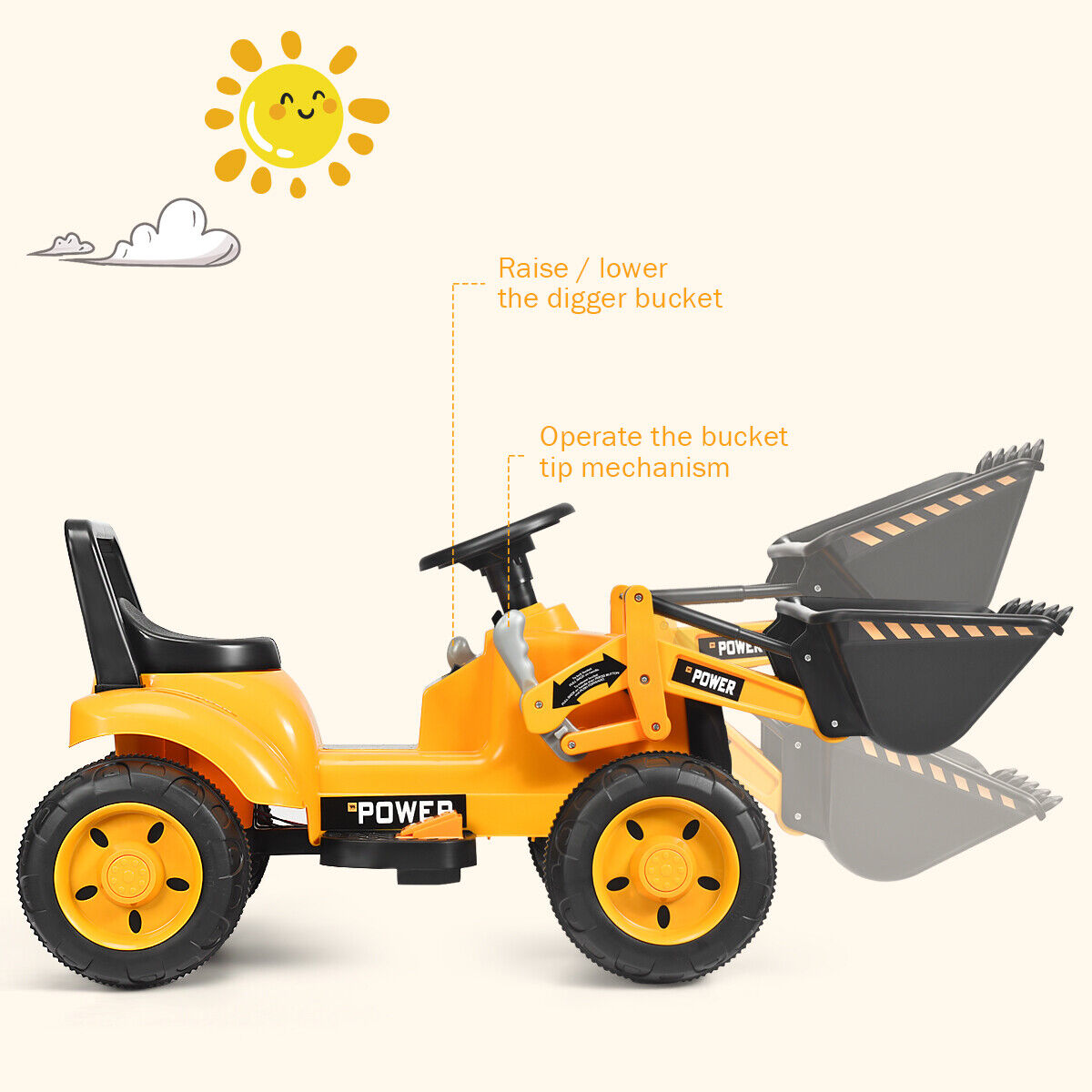 6V Battery Powered Kids Excavator Digger Tractor with Digging Bucket - Yellow