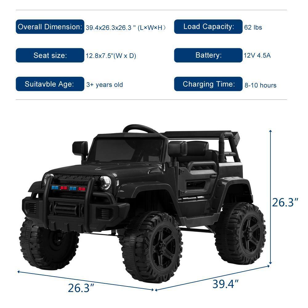 Black 12V Ride-On Truck for Kids with Parental Remote Control