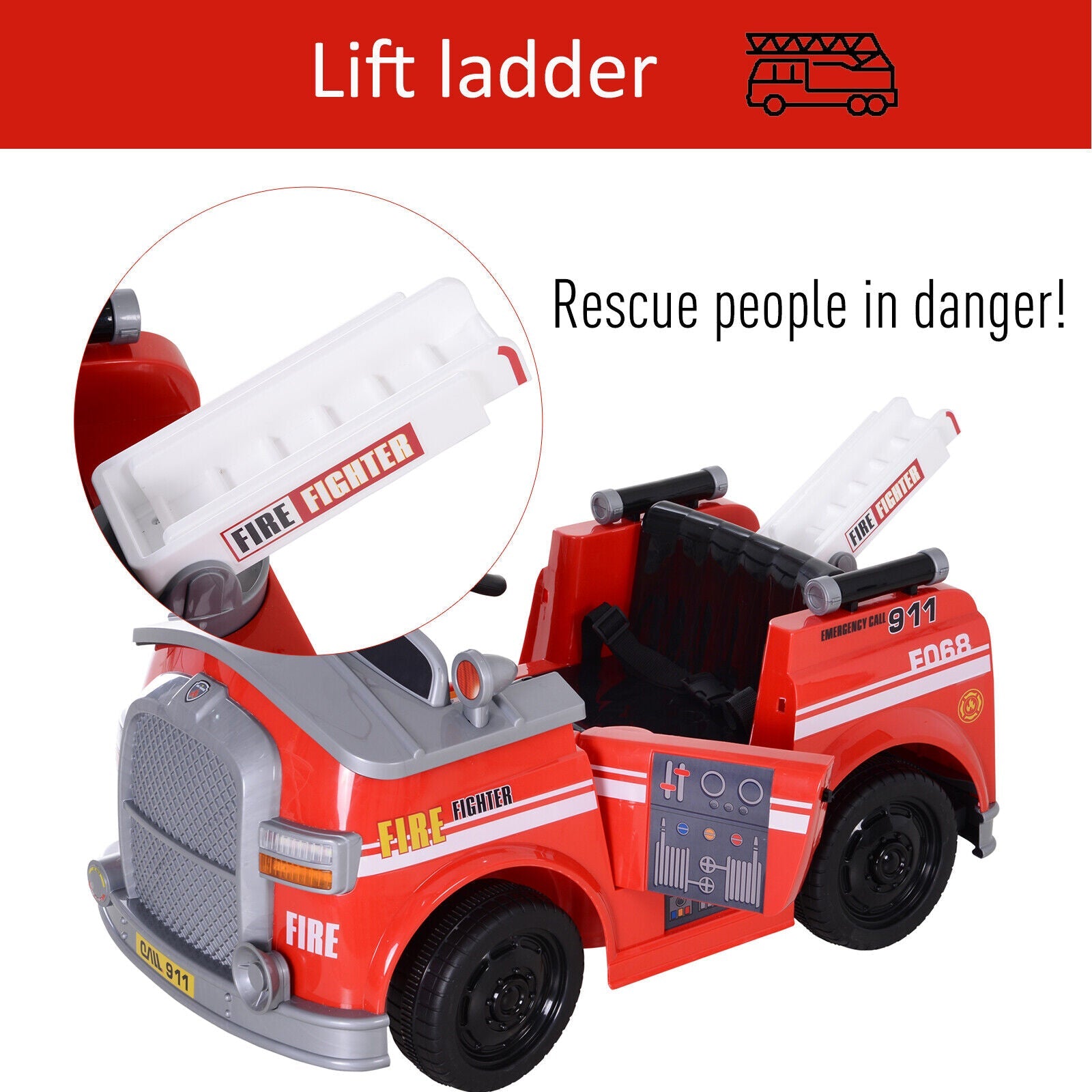 Interactive 6v Electric Fire Truck for Kids with Remote Control and Music