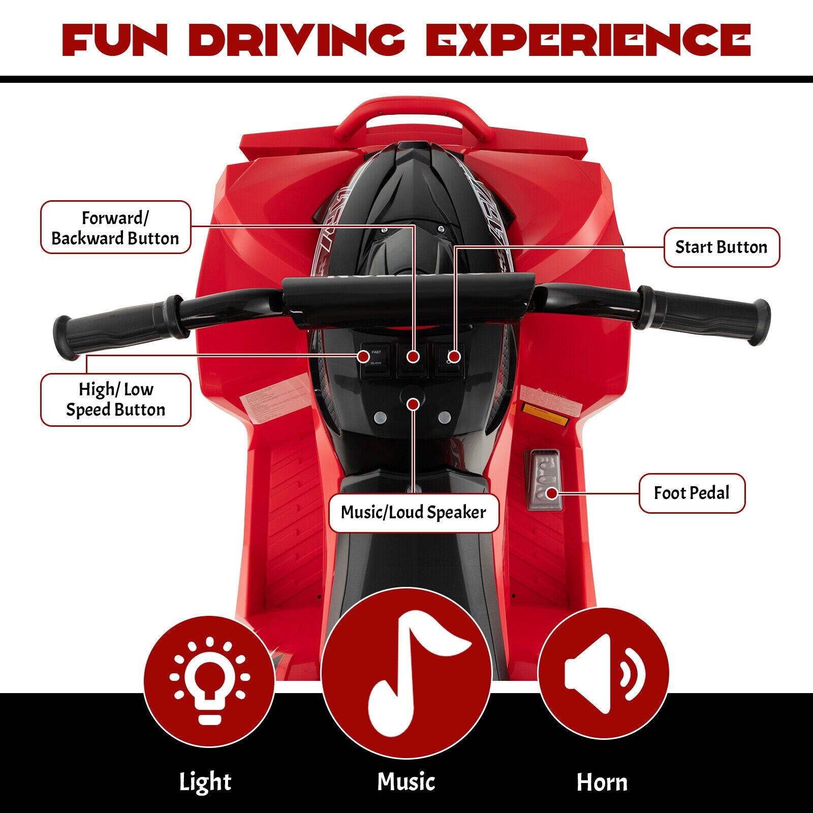 Red Kids Ride-on ATV with Headlights and Music - Powered by 12V Battery