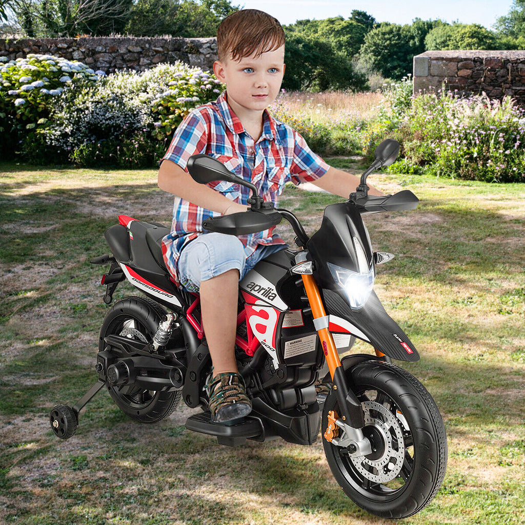 Aprilia 12V Kids Ride-On Motorcycle with Training Wheels in Red - Officially Licensed